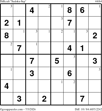 The grouppuzzles.com Difficult Sudoku-8up puzzle for Friday July 3, 2026 with the first 3 steps marked