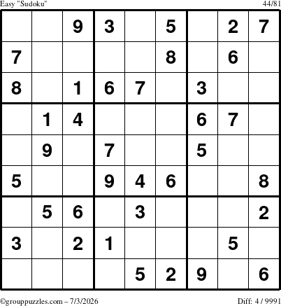 The grouppuzzles.com Easy Sudoku puzzle for Friday July 3, 2026