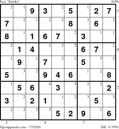 The grouppuzzles.com Easy Sudoku puzzle for Friday July 3, 2026 with all 4 steps marked