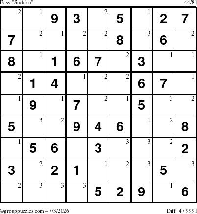 The grouppuzzles.com Easy Sudoku puzzle for Friday July 3, 2026 with the first 3 steps marked