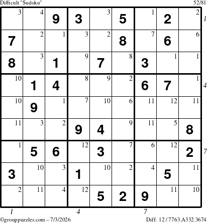 The grouppuzzles.com Difficult Sudoku puzzle for Friday July 3, 2026, suitable for printing, with all 12 steps marked