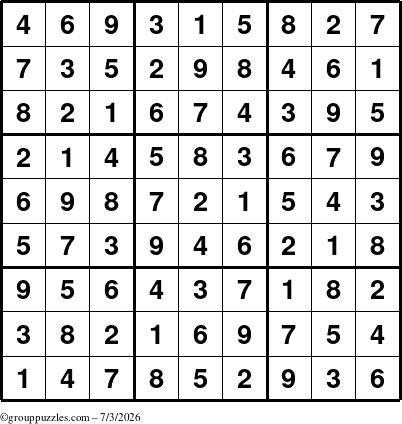 The grouppuzzles.com Answer grid for the Sudoku puzzle for Friday July 3, 2026
