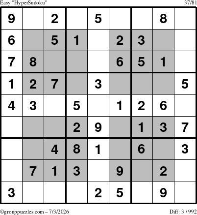 The grouppuzzles.com Easy HyperSudoku puzzle for Friday July 3, 2026