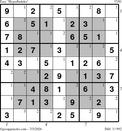 The grouppuzzles.com Easy HyperSudoku puzzle for Friday July 3, 2026 with all 3 steps marked