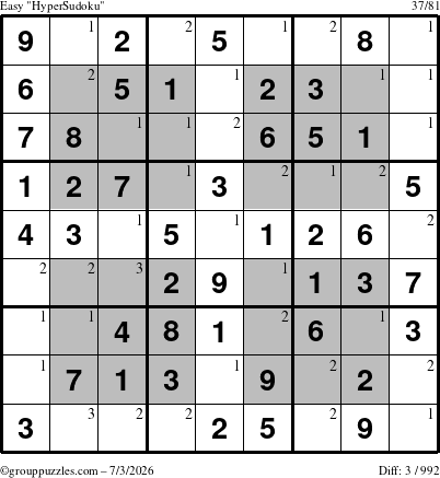 The grouppuzzles.com Easy HyperSudoku puzzle for Friday July 3, 2026 with the first 3 steps marked