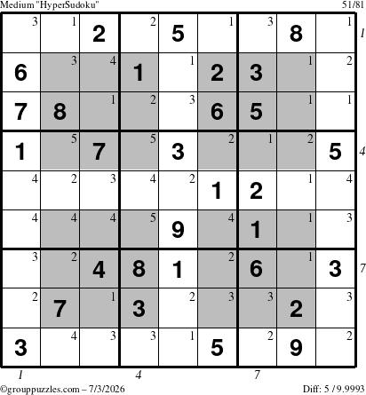 The grouppuzzles.com Medium HyperSudoku puzzle for Friday July 3, 2026, suitable for printing, with all 5 steps marked