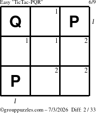 The grouppuzzles.com Easy TicTac-PQR puzzle for Friday July 3, 2026, suitable for printing, with all 2 steps marked