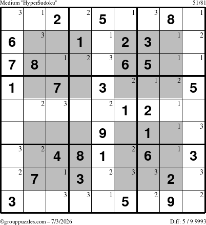 The grouppuzzles.com Medium HyperSudoku puzzle for Friday July 3, 2026 with the first 3 steps marked