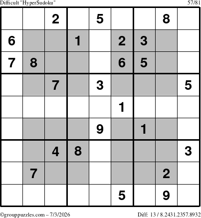 The grouppuzzles.com Difficult HyperSudoku puzzle for Friday July 3, 2026