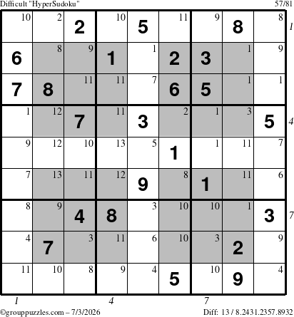 The grouppuzzles.com Difficult HyperSudoku puzzle for Friday July 3, 2026 with all 13 steps marked