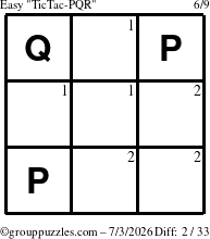The grouppuzzles.com Easy TicTac-PQR puzzle for Friday July 3, 2026 with the first 2 steps marked
