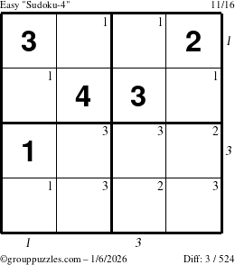 The grouppuzzles.com Easy Sudoku-4 puzzle for Tuesday January 6, 2026, suitable for printing, with all 3 steps marked