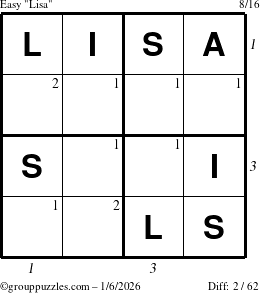The grouppuzzles.com Easy Lisa puzzle for Tuesday January 6, 2026, suitable for printing, with all 2 steps marked