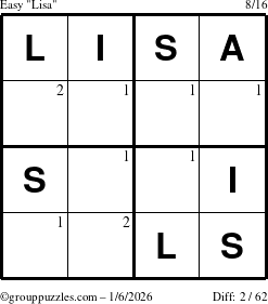 The grouppuzzles.com Easy Lisa puzzle for Tuesday January 6, 2026 with the first 2 steps marked