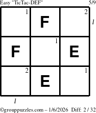The grouppuzzles.com Easy TicTac-DEF puzzle for Tuesday January 6, 2026 with all 2 steps marked