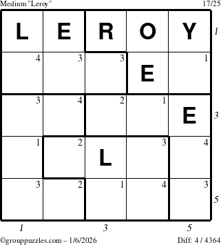The grouppuzzles.com Medium Leroy puzzle for Tuesday January 6, 2026, suitable for printing, with all 4 steps marked