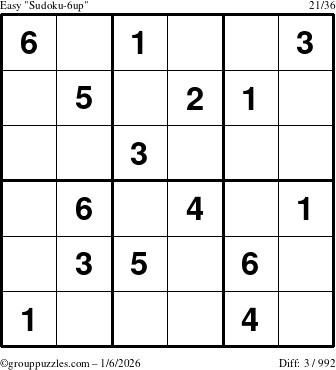 The grouppuzzles.com Easy Sudoku-6up puzzle for Tuesday January 6, 2026