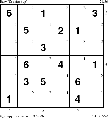 The grouppuzzles.com Easy Sudoku-6up puzzle for Tuesday January 6, 2026 with all 3 steps marked