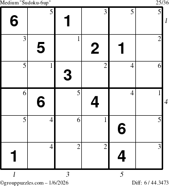 The grouppuzzles.com Medium Sudoku-6up puzzle for Tuesday January 6, 2026 with all 6 steps marked