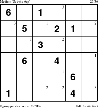The grouppuzzles.com Medium Sudoku-6up puzzle for Tuesday January 6, 2026 with the first 3 steps marked