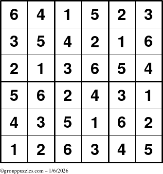 The grouppuzzles.com Answer grid for the Sudoku-6up puzzle for Tuesday January 6, 2026
