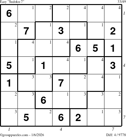 The grouppuzzles.com Easy Sudoku-7 puzzle for Tuesday January 6, 2026 with all 4 steps marked