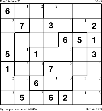 The grouppuzzles.com Easy Sudoku-7 puzzle for Tuesday January 6, 2026 with the first 3 steps marked