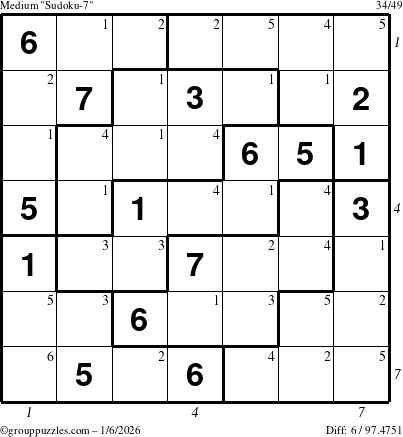 The grouppuzzles.com Medium Sudoku-7 puzzle for Tuesday January 6, 2026 with all 6 steps marked
