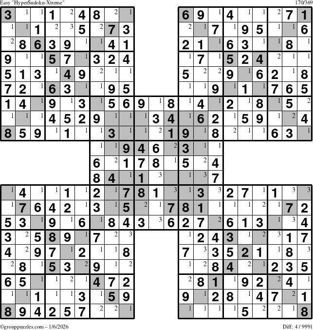 The grouppuzzles.com Easy HyperSudoku-Xtreme puzzle for Tuesday January 6, 2026 with the first 3 steps marked
