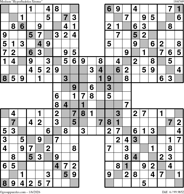The grouppuzzles.com Medium HyperSudoku-Xtreme puzzle for Tuesday January 6, 2026