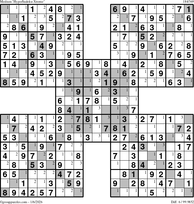 The grouppuzzles.com Medium HyperSudoku-Xtreme puzzle for Tuesday January 6, 2026 with the first 3 steps marked