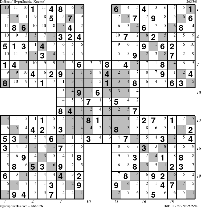 The grouppuzzles.com Difficult HyperSudoku-Xtreme puzzle for Tuesday January 6, 2026 with all 11 steps marked