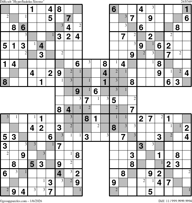 The grouppuzzles.com Difficult HyperSudoku-Xtreme puzzle for Tuesday January 6, 2026 with the first 3 steps marked