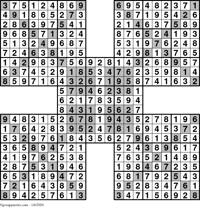 The grouppuzzles.com Answer grid for the HyperSudoku-Xtreme puzzle for Tuesday January 6, 2026