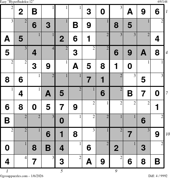 The grouppuzzles.com Easy HyperSudoku-12 puzzle for Tuesday January 6, 2026 with all 4 steps marked