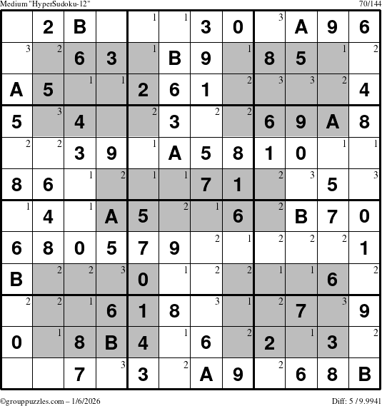 The grouppuzzles.com Medium HyperSudoku-12 puzzle for Tuesday January 6, 2026 with the first 3 steps marked