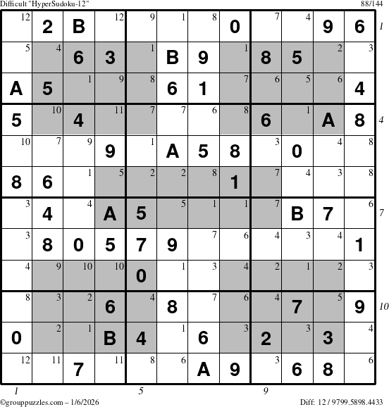 The grouppuzzles.com Difficult HyperSudoku-12 puzzle for Tuesday January 6, 2026, suitable for printing, with all 12 steps marked