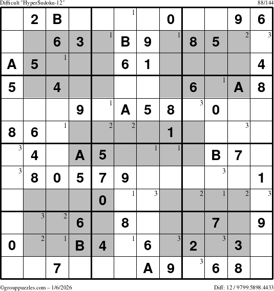 The grouppuzzles.com Difficult HyperSudoku-12 puzzle for Tuesday January 6, 2026 with the first 3 steps marked