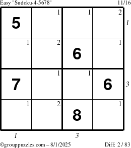 The grouppuzzles.com Easy Sudoku-4-5678 puzzle for Friday August 1, 2025 with all 2 steps marked