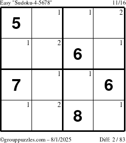 The grouppuzzles.com Easy Sudoku-4-5678 puzzle for Friday August 1, 2025 with the first 2 steps marked