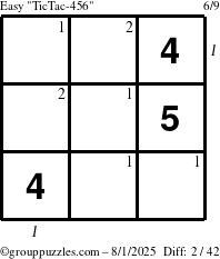 The grouppuzzles.com Easy TicTac-456 puzzle for Friday August 1, 2025 with all 2 steps marked