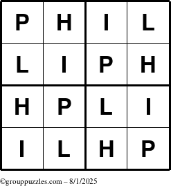 The grouppuzzles.com Answer grid for the Phil puzzle for Friday August 1, 2025