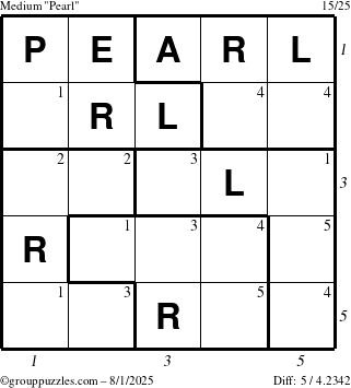 The grouppuzzles.com Medium Pearl puzzle for Friday August 1, 2025 with all 5 steps marked
