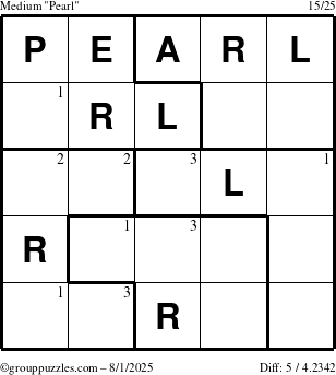 The grouppuzzles.com Medium Pearl puzzle for Friday August 1, 2025 with the first 3 steps marked