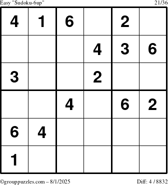 The grouppuzzles.com Easy Sudoku-6up puzzle for Friday August 1, 2025