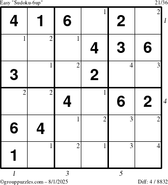 The grouppuzzles.com Easy Sudoku-6up puzzle for Friday August 1, 2025 with all 4 steps marked