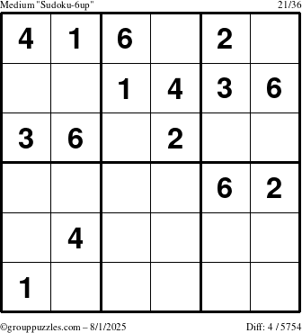 The grouppuzzles.com Medium Sudoku-6up puzzle for Friday August 1, 2025