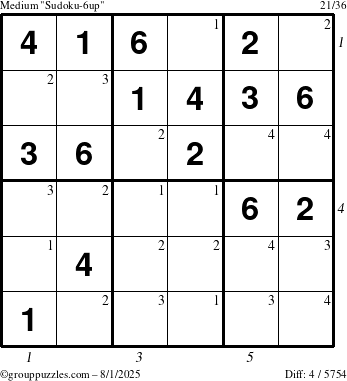 The grouppuzzles.com Medium Sudoku-6up puzzle for Friday August 1, 2025 with all 4 steps marked