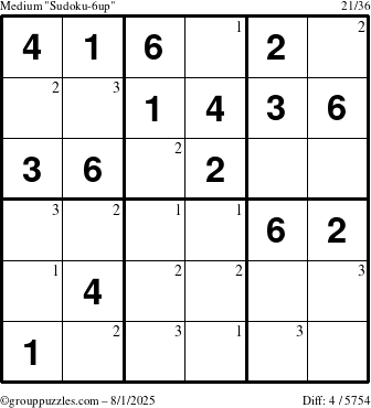 The grouppuzzles.com Medium Sudoku-6up puzzle for Friday August 1, 2025 with the first 3 steps marked