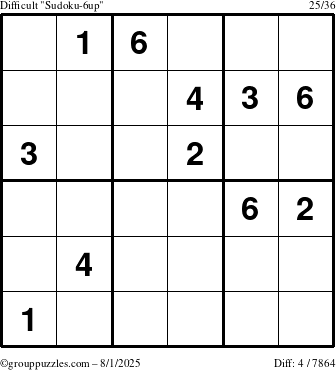 The grouppuzzles.com Difficult Sudoku-6up puzzle for Friday August 1, 2025